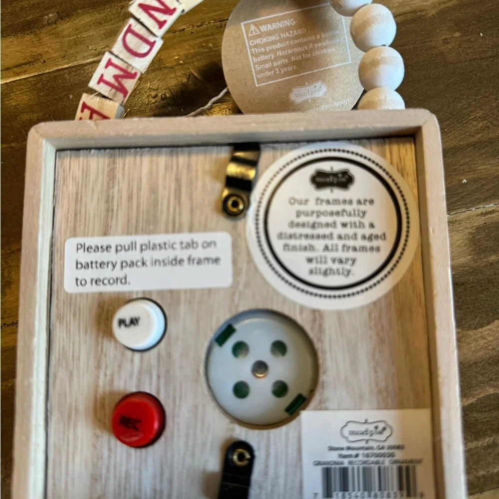 Mud Pie Grandma Recordable Photo Ornament Wooden Beaded Farmhouse Frame Gift
